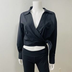 Vince S Blouse Wrap Around Black V-neck Crop Collared Keyhole Solid Black Top